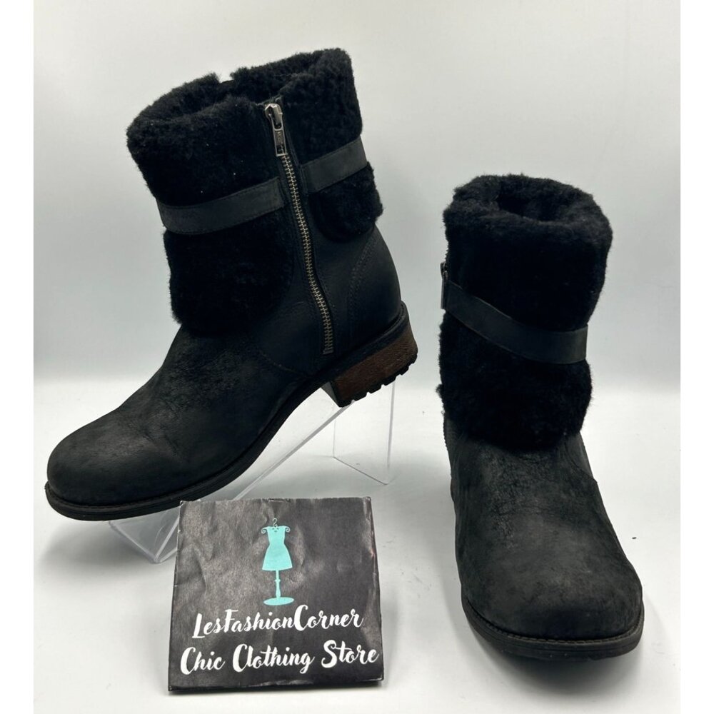 UGG Australia Women’s Black Shearling-Lined Leather Blayre II Boots Size 9 3251